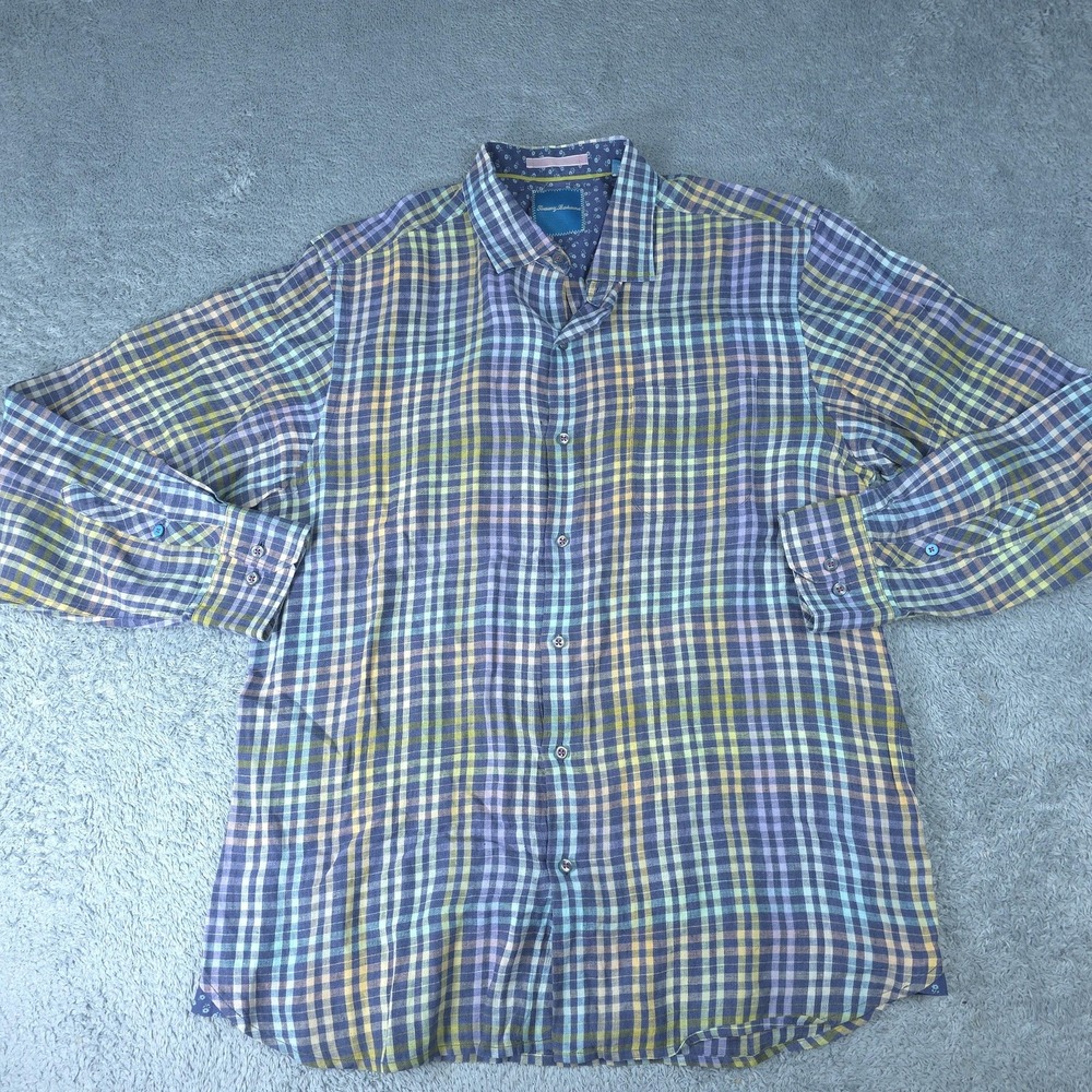 Tommy Bahama Shirt Mens Large Multicolor Plaid Long Sleeve Linen Button Up